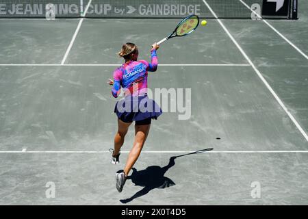 Amelia Island, Florida, Stati Uniti. 13 aprile 2024. ANA BOGDAN della Romania colpisce in prima linea contro l'Ucraina Elina Svitolina nella terza partita della qualificazione Billie Jean King Cup ad Amelia Island, Florida. Bogdan ha battuto in finale 6-4, 4-6, 6-3. L'Ucraina conduce la Romania 2 partite a 1 dopo questo risultato. (Credit Image: © Richard Dole/ZUMA Press Wire) SOLO PER USO EDITORIALE! Non per USO commerciale! Foto Stock