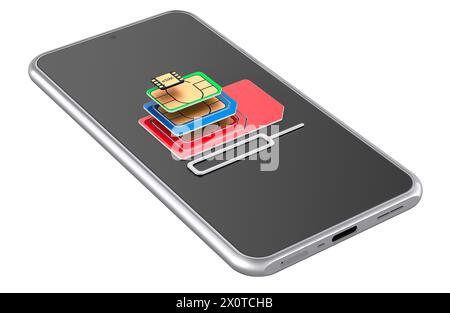 Imposta schede SIM con smartphone, rendering 3D isolato su sfondo bianco Foto Stock