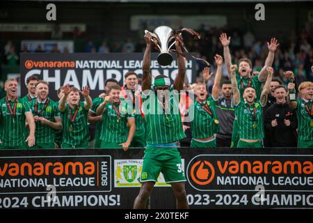 Yeovil Town celebra la vittoria della National League South allo Huish Park Stadium, Yeovil Picture di Martin Edwards/07880 707878 Foto Stock