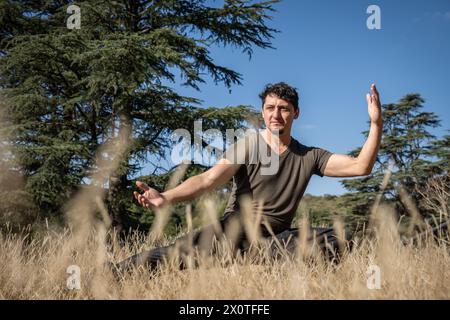 Un uomo caucasico di mezza età pratica il Kung fu su una collina, eseguendo esercizi di stretching, bilanciamento e forza. Foto Stock