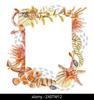 Telaio marino, verticale. Conchiglie, pesci pagliaccio, stelle marine, coralli isolati su sfondo bianco. Acquerello, illustrazione disegnata a mano per le carte, invito Foto Stock