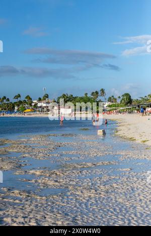 Nuotatore presso la spiaggia Surfside di Aruba in prima serata Foto Stock