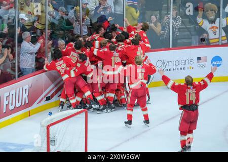 Minneapolis, Minnesota, Stati Uniti. 13 aprile 2024. Denver festeggia dopo aver vinto la gara del campionato NCAA D1 Men's Frozen Four Hockey Championship del 2024 tra i Denver Pioneers e i Boston College Eagles all'Xcel Energy Center di St Paul, Minnesota. (Immagine di credito: © Steven Garcia/ZUMA Press Wire) SOLO PER USO EDITORIALE! Non per USO commerciale! Foto Stock