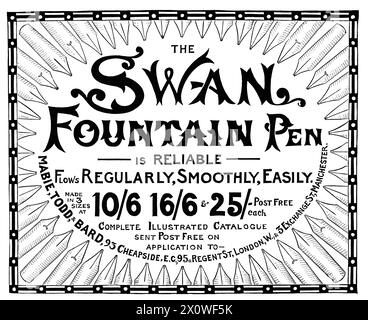 1897 pubblicità vittoriana per la penna stilografica Swan. Foto Stock