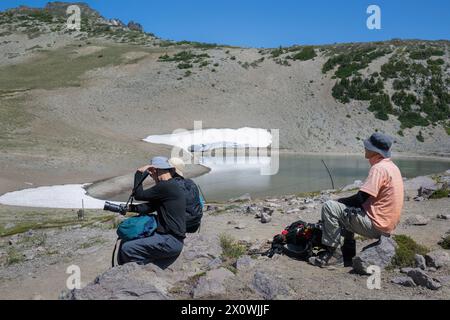 Escursionisti che riposano sul lago ghiacciato al Sunrise Trail. Parco nazionale di Mount Rainier. Stato di Washington. Foto Stock