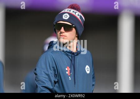 Northampton, Inghilterra. 14 aprile 2024. James Sales del Northamptonshire prima del terzo giorno del Vitality County Championship Division Two match tra il Northamptonshire County Cricket Club e il Middlesex County Cricket Club al County Ground, Wantage Road. Kyle Andrews/Alamy Live News Foto Stock