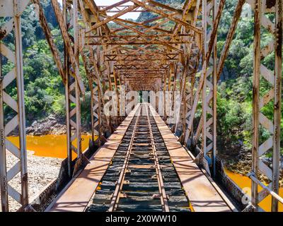 Il ponte Salomon che attraversa il fiume rosso, Rio Tinto, è un ponte ferroviario nella provincia di Huelva ed era originariamente parte della ferrovia Riotinto fo Foto Stock