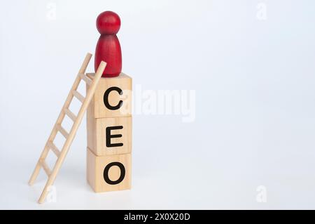 Bambola rossa in cima a cubi di legno con testo del CEO. Concetto di leadership e successo. Foto Stock