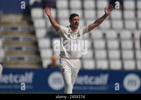 Northampton, Inghilterra. 14 aprile 2024. Ben Sanderson del Northamptonshire durante il terzo giorno del Vitality County Championship Division Two match tra il Northamptonshire County Cricket Club e il Middlesex County Cricket Club al County Ground, Wantage Road. Kyle Andrews/Alamy Live News. Foto Stock