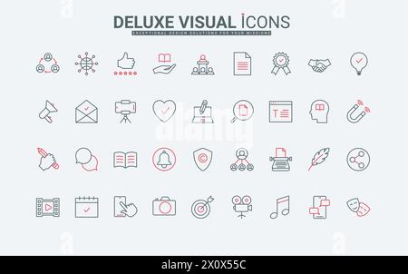 Storytelling, creazione di contenuti e pubblicazione nei social media sottili icone di linea nera e rossa creano un'illustrazione vettoriale. Delineare i simboli di marketing, la protezione del copyright delle idee degli autori, i follower del blog Illustrazione Vettoriale