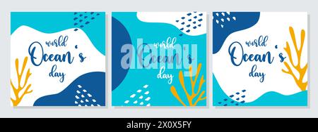 Poster blu del World Oceans Day con alghe gialle e coralli. Forme fluide e armoniose in stile boho. Illustrazione vettoriale Illustrazione Vettoriale