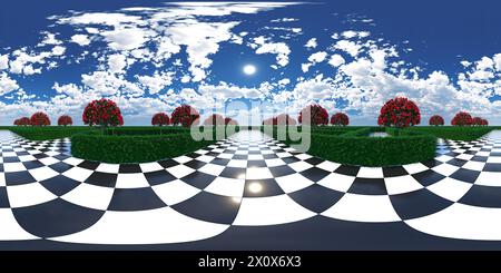 HDRI. Giardino labirinto. Scacchi, alberi, fiori rossi, nuvole nel cielo. Alice nel tema del paese delle meraviglie. Panorama sferico completo a 360 gradi. Illustrazione del rendering 3D. Foto Stock