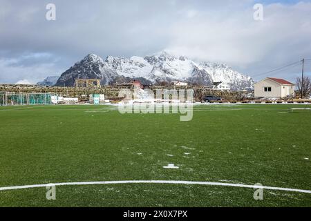 Campo di calcio a Henningsvær, Norvegia Foto Stock