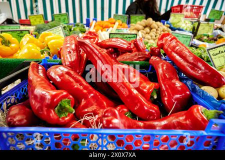 Reichhaltige Obst- und Gemüseauswahl an einem Marktstand. Foto Stock