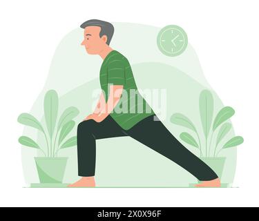 Gamba allungata uomo anziano per esercizio yoga a casa Illustrazione Vettoriale