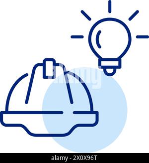 Elmetto e lampadina. Design, costruzione e ingegneria innovativi. Pixel Perfect, icona traccia modificabile Illustrazione Vettoriale