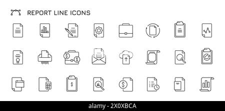 Icone della riga del rapporto. Selezionare, selezionare, scaricare e caricare, analizzare e generare dati, grafici e grafici, documenti e ricerche. Simboli infografici vettoriali Illustrazione Vettoriale