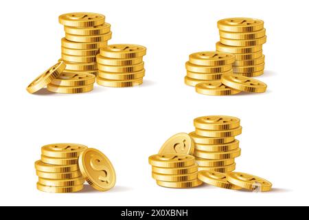 Pile di monete d'oro. Pile di monete d'oro lucido realistiche in 3D. I soldi accumulano elementi finanziari per giochi d'azzardo o poster bancari isolati su un set vettoriale bianco. Vincite del jackpot con simboli del dollaro Illustrazione Vettoriale