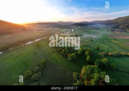 Spettacolare luce e nebbia mattutina su un bellissimo prato circondato da una lussureggiante foresta vicino al fiume Krka, Dolenjska, Novo mesto, Slovenia Foto Stock