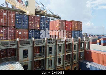 Guide cellulari e ponti di ancoraggio di navi portacontainer con gru pronte per il caricamento di container nel porto di Kingston. Foto Stock