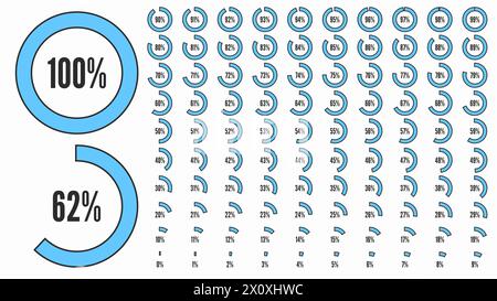 Set di icone per infografica. Raccolta di grandi percentuali per interfaccia utente utente o infografica aziendale. Diagrammi circolari percentuali da 0 a 100. Nero e. Illustrazione Vettoriale