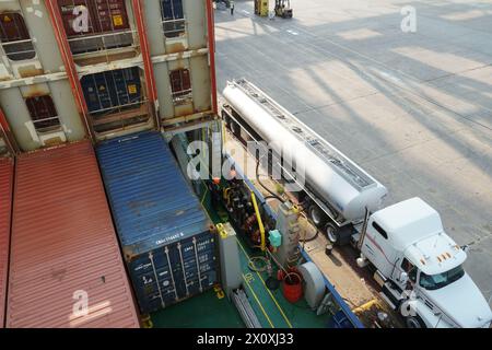 Vista del tubo flessibile del carburante che si estende dal carrello cisterna al contenitore presso la stazione di rifornimento. Foto Stock