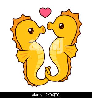 Simpatica coppia di cartoni animati cavallucci marini che tiene code con cuore. St Illustrazione del biglietto di auguri vettoriale di San Valentino. Illustrazione Vettoriale