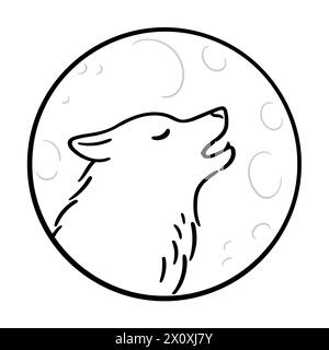 Lupo ulululante sulla luna, disegno in linea bianco e nero. Semplice scarabocchio di profilo della testa di lupo in cerchio. Illustrazione vettoriale. Illustrazione Vettoriale