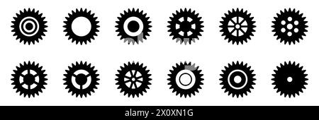 Set di icone ingranaggi. Icona di impostazione degli ingranaggi. Raccolta di ruote dentate meccaniche. Semplice raccolta di ruote dentate. Icone degli ingranaggi. Illustrazione vettoriale con ruote dentate Illustrazione Vettoriale