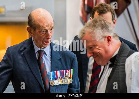 Londra, Regno Unito. 14 aprile 2024. RH il duca di Kent arriva per partecipare alla parata della domenica Nera delle guardie scozzesi nel suo 50° anno come colonnello del reggimento. La parata si svolse presso la Guards Chapel, il Guards Memorial, e Wellington Barracks, Westminster. La domenica Nera è il punto più alto dell'anno per il reggimento, la cui storia risale al 1642. E' il loro ricordo annuale del servizio domenicale e della sfilata quando rendono omaggio a tutti quelli che sono passati prima, credito: Guy Bell/Alamy Live News Foto Stock