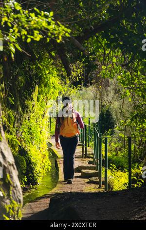 Turista a Levada do Norte sull'isola portoghese di Madeira. Canale di irrigazione di Levada. Escursioni a Madeira. Sentiero stretto vicino alla levada. Verde Foto Stock