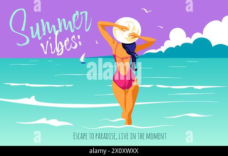 Atmosfera estiva e design Travel Concept. Lettera tipografica e giovane donna in cappello sole godendo del mare Illustrazione Vettoriale