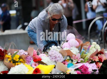 Sydney, Australia. 14 aprile 2024. Una donna posa fiori fuori dal Westfield Shopping Centre a Bondi Junction a Sydney, Australia, 14 aprile 2024. Un cittadino cinese è stato ucciso e un altro ferito in un attacco di massa pugnalato in un centro commerciale di Sydney, ha detto domenica il Consolato generale cinese a Sydney. Credito: Ma Ping/Xinhua/Alamy Live News Foto Stock