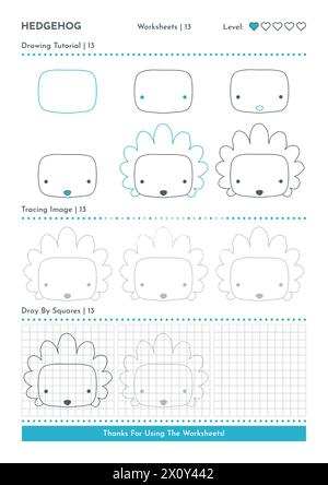 Come disegnare Doodle Animal Hedgehog, Cartoon Character Step by Step Drawing Tutorial. Fogli di lavoro attività per bambini Illustrazione Vettoriale