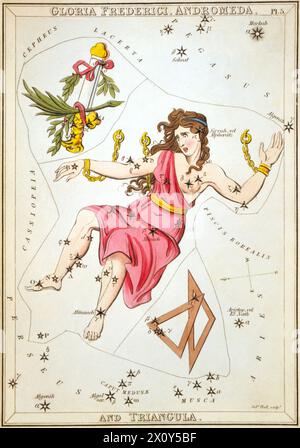 La costellazione Andromeda come raffigurato in Urania's Mirror da Sidney Hall, c. 1825 - Vista del cielo è una serie di 32 carte astronomiche, pubblicate per la prima volta nel novembre 1824. Foto Stock