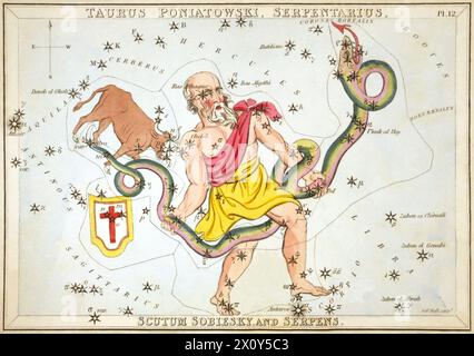 Taurus Poniatowski, Serpentarius, Scutum Sobiesky e Serpens, piatto 12 nello specchio di Urania, una serie di carte celesti accompagnate da Un trattato di astronomia familiare ... Di Jehoshaphat Aspin. Londra. Grafico astronomico. 1 stampa su carta stratificata : incisione, colorata a mano. Foto Stock