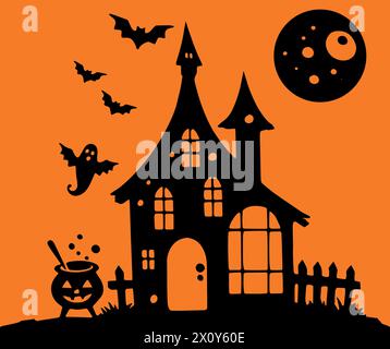 Set di silhouette di Halloween su sfondo arancione. motivo e decorazione. Illustrazione vettoriale. Illustrazione Vettoriale