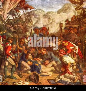 "La morte di Nelson", 1859-64 (dettaglio). Di Daniel Maclise (1806-1870). "La morte di Nelson", è un dipinto murale nella Royal Gallery del Palazzo di Westminster, Londra. La battaglia di Trafalgar fu uno scontro navale combattuto dalla Royal Navy britannica contro le flotte combinate della marina francese e spagnola, durante la guerra della terza coalizione delle guerre napoleoniche. La Royal Navy guidata dall'ammiraglio Lord Nelson a bordo della HMS Victory sconfisse la coalizione francese e spagnola guidata dall'ammiraglio francese Villeneuve. Durante la battaglia, Nelson fu colpito da un moschettiere francese e morì. Foto Stock