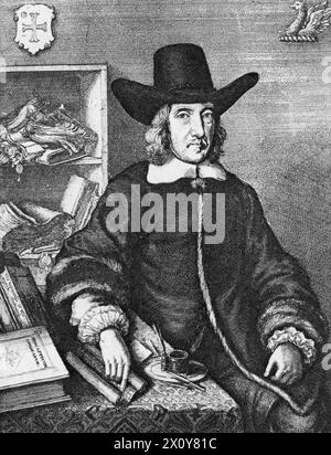 Sir William Dugdale (1605-1686), 1656. Di Wenceslaus Hollar (1607-1677). Dugdale era un antiquario e araldo inglese. Come studioso fu influente nello sviluppo della storia medievale come materia accademica. Dal frontespizio di "The Antiquities of Warwickshire Illustrated", 1656. Foto Stock