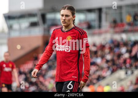 Leigh, Regno Unito. 14 aprile 2024. Leigh, Inghilterra, 14 aprile 2024: Hannah Blundell (6 Manchester United) in azione durante la semifinale di Adobe Womens fa Cup tra Manchester United e Chelsea al Leigh Sports Village di Leigh, Inghilterra (Natalie Mincher/SPP) crediti: SPP Sport Press Photo. /Alamy Live News Foto Stock