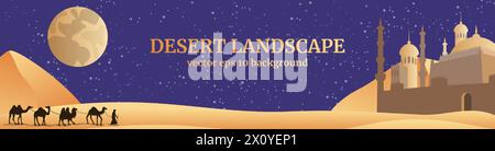 Paesaggio desertico. Vecchia città araba. Moschea musulmana. Viaggio in carovana di cammelli beduini. Luce lunare. Cielo stellato. Colline sabbiose panoramiche. Dune del Sahara. Panorama egiziano. Scenario notturno. Banner orizzontale vettoriale Illustrazione Vettoriale