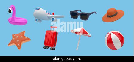 Icone estive 3D. Vacanza al mare. Viaggiare in aereo. Viaggio estivo in vacanza. Bicchieri e stelle marine. Palla gonfiabile e fenicottero. Valigia per i turisti. Ombrellone per prendere il sole. Set di rendering vettoriale Illustrazione Vettoriale