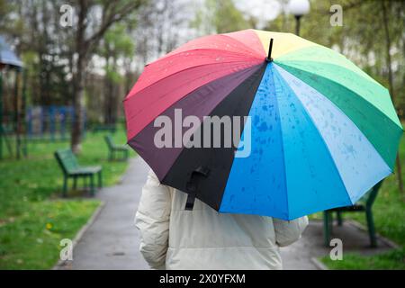 Donna che tiene in mano un ombrello colorato nel parco, vista posteriore Foto Stock