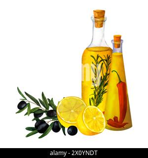 Bottiglia di olio d'oliva aromatico condita con erbe da cucina, peperoncino, timo, rosmarino, rami d'oliva e composizione acquerello al limone per la stampa Foto Stock