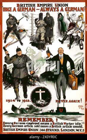 Un manifesto anti-tedesco post-prima guerra mondiale dall'Unione dell'Impero britannico, inclusa la tomba di Cavell Foto Stock
