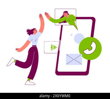 Videochiama gli amici con chat mobile che ti regalano un massimo di cinque su smartphone nella chat Messenger Illustrazione Vettoriale