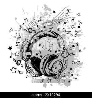 Design musicale. Musica astratta. Cuffie e note. Stampa di T-shirt. disegno a mano. Non IA. Illustrazione vettoriale Illustrazione Vettoriale