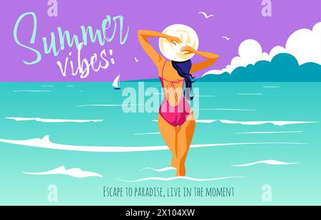 Atmosfera estiva e design Travel Concept. Lettera tipografica e giovane donna in cappello sole godendo del mare Illustrazione Vettoriale