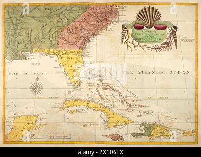 Mappa d'epoca: Carolina, Florida e isole Bahama con le parti adiacenti. Pubblicato nel 1754, da viaggi di Mark Catesby Foto Stock