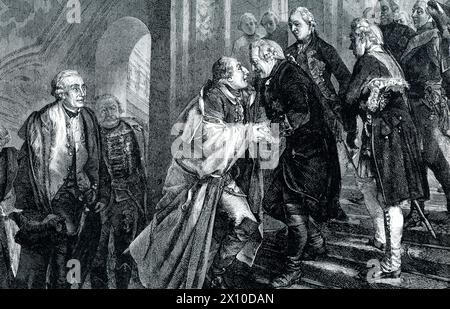 La didascalia dei primi anni '1900 recita: "Incontro di Federico il grande e giovane imperatore Giuseppe II Federico il grande di Prussia e l'imperatrice austriaca combatterono aspramente, ma il figlio dell'imperatrice Josef era un caloroso ammiratore del re prussiano, e non appena divenne imperatore cercò un'intervista e stabilì un'alleanza con il nemico del suo paese. Notate come abilmente il vecchio prussiano imita la gioia e l'entusiasmo del suo fedele amico." Foto Stock